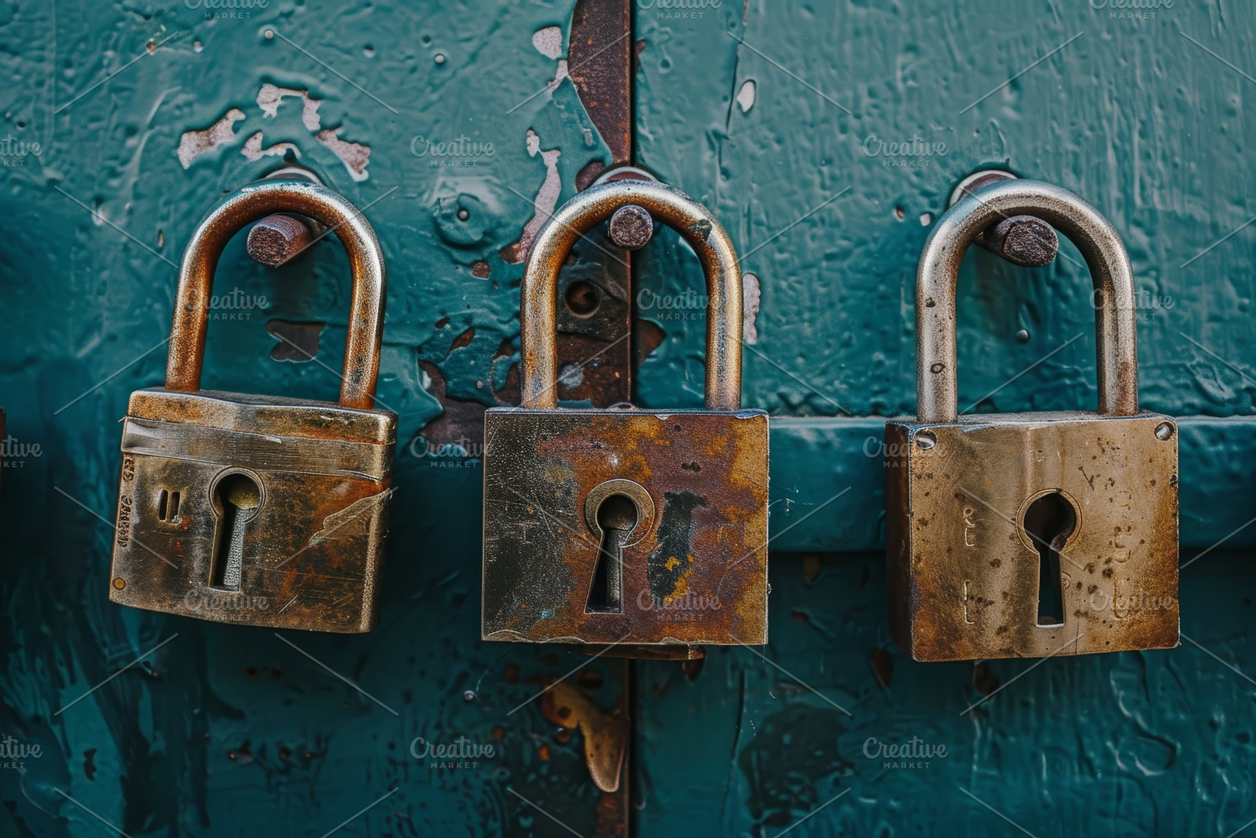 Three padlocks secured on a green do, a Photo by Iftikhar Alam