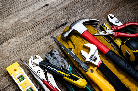 Standard construction safety stock photo containing tools and wooden