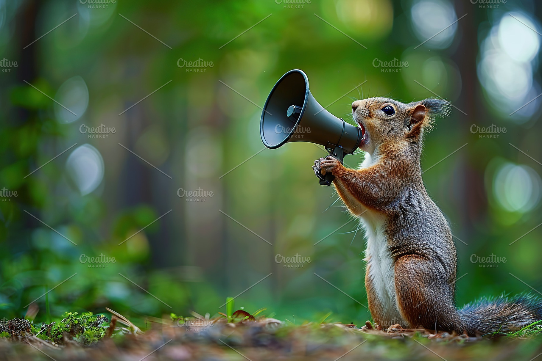 Squirrel screams in loudspeaker on green background, an Animal Photo by AlyaAnd