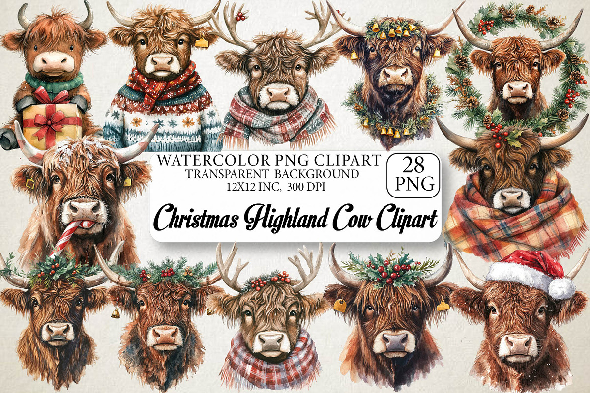 Christmas Highland Cow Clipart, an Illustration by DreamPrint404