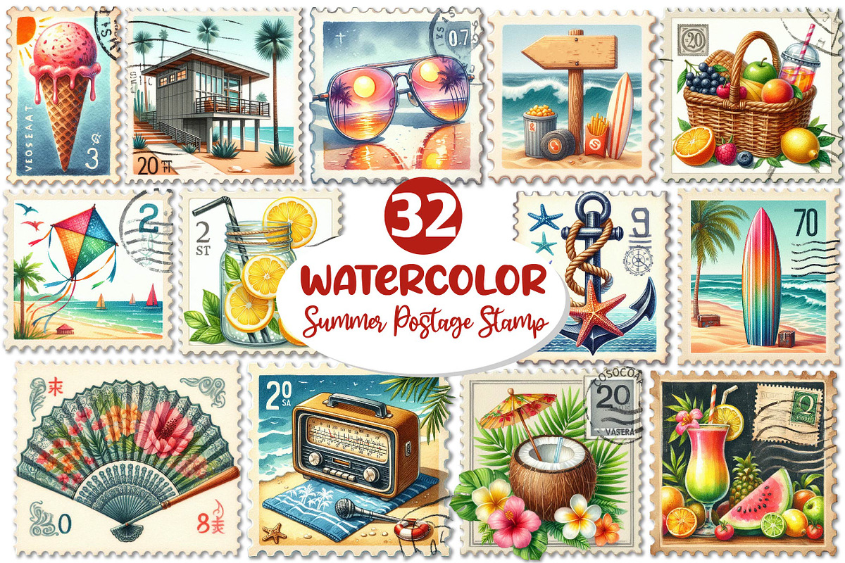 Summer Beach Postage Stamp Clipart, an Illustration by Dream Creation (Photo 1 of 4)