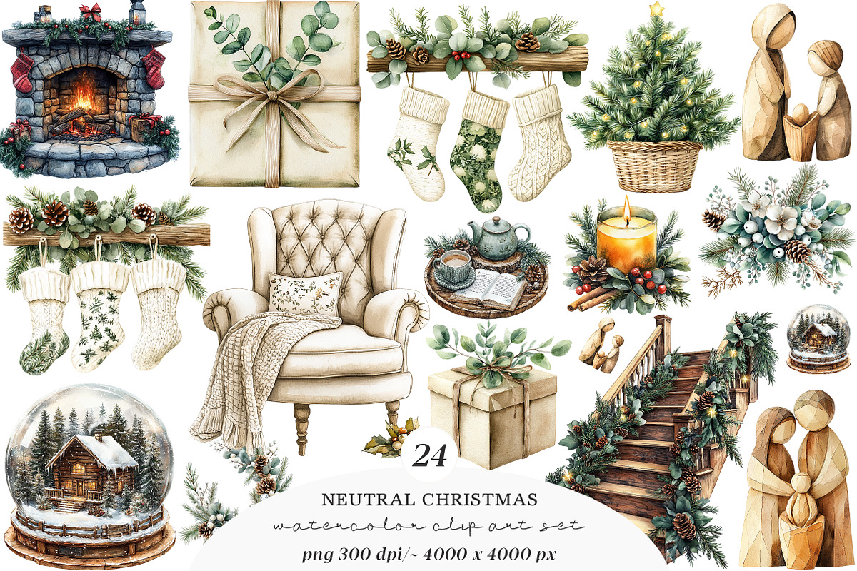 Watercolor Neutral Christmas Png, a Transportation Illustration by SinaCreation (Photo 1 of 9)