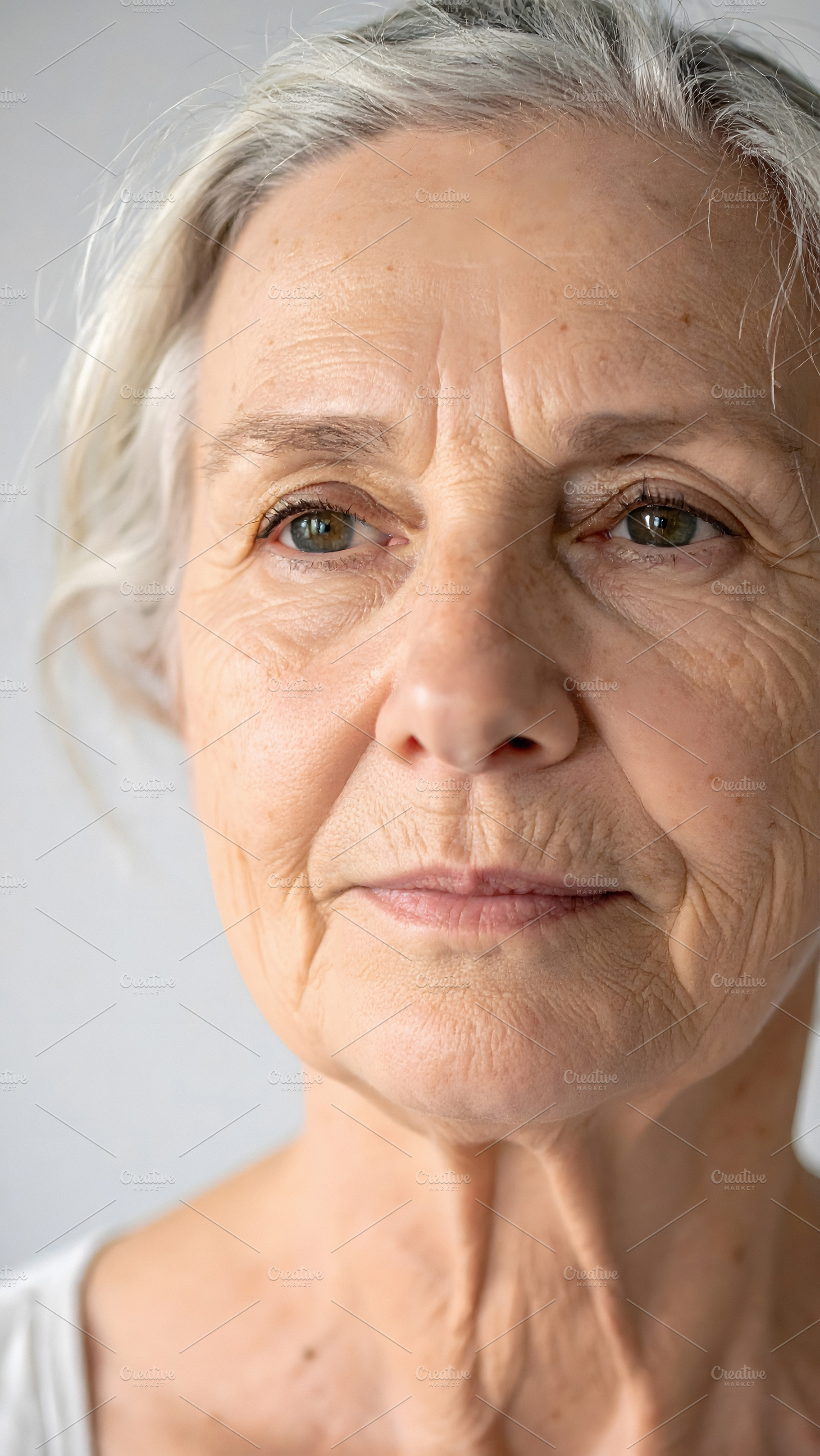 Elderly woman portrait with gentle face and subtle wrinkles, a Person Photo by GoodGoods
