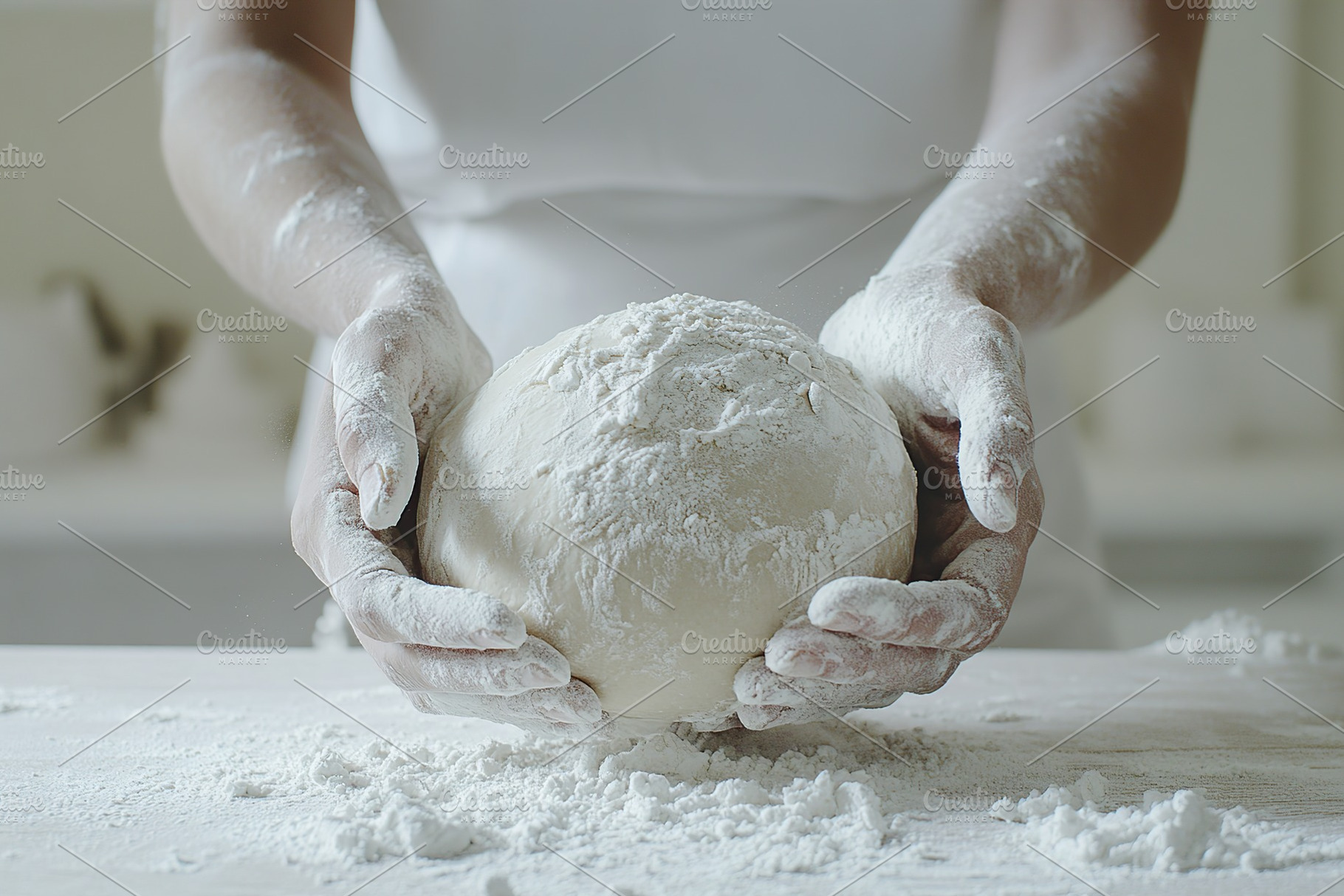 Baker's hands skillfully kneading dough in a bright kitchen, a Food & Drink Photo by AlyaAnd