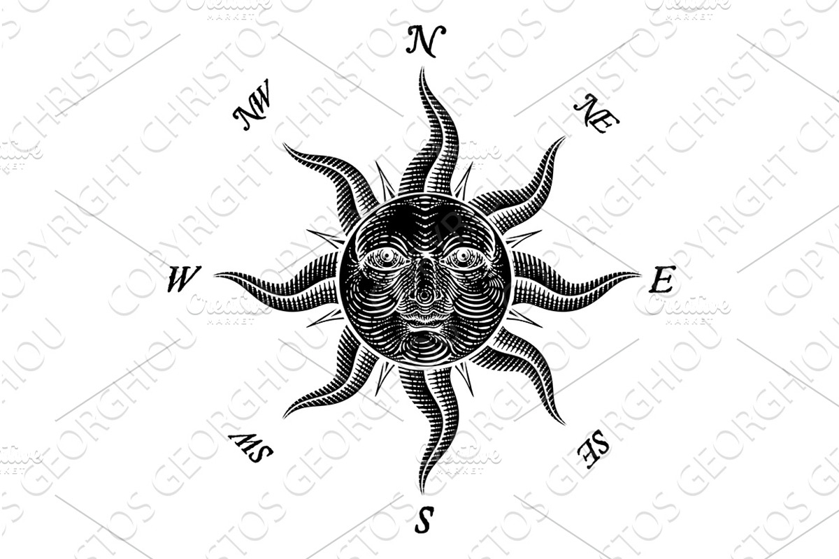 Compass Sun Face Etching Rose, an Illustration by Christos Georghiou