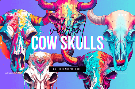 Cow Skulls Vector Illustrations, a Decorative Illustration by TheBlackPixelCo