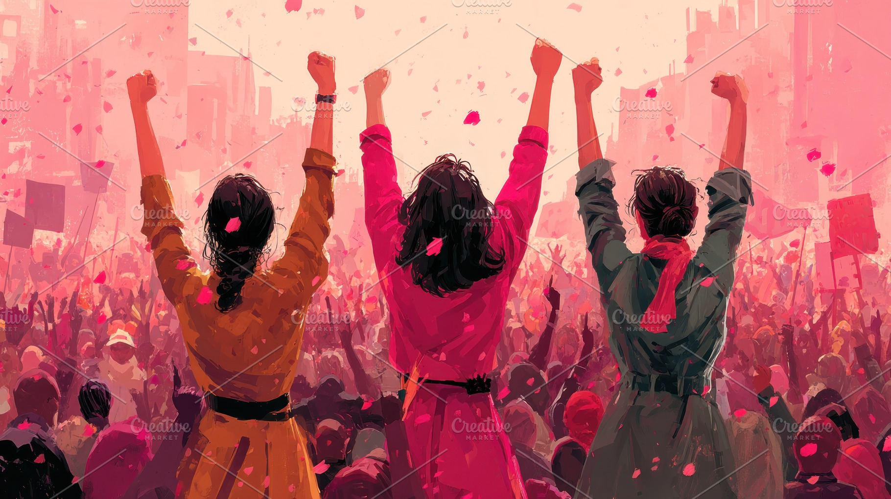 Women standing together with raised fists in a massive pink prot, a Person Photo by José Manuel Gelpi