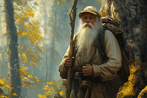 An elderly forester man with a long white beard stands in a forest, wearing a h, a Person Photo by Textures & Backgrounds