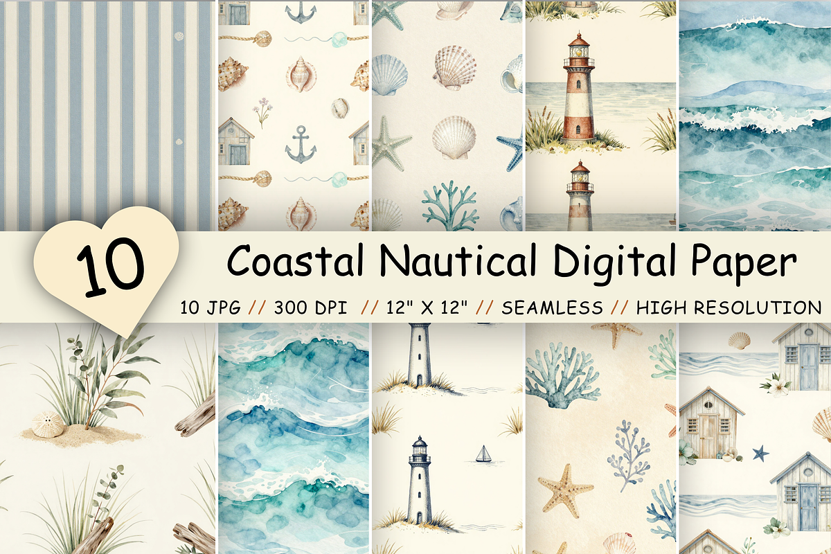 Coastal Nautical Digital Paper Pack, a Pattern Graphic by FloridPrintables (Photo 1 of 10)