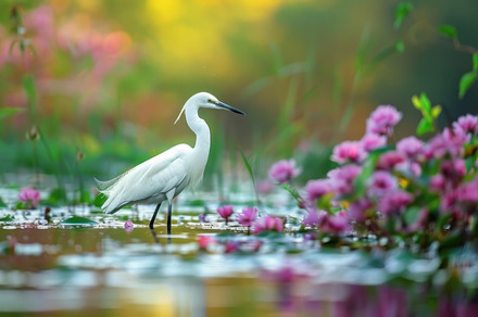 Graceful White Egret Amidst Autumn Blooms - A Serene Lakeside Mo, an Animal Photo by José Manuel Gelpi