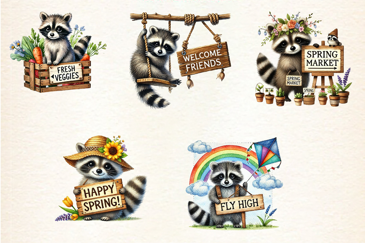 Spring Raccoon Wooden Signs Clipart, a Seasonal Illustration by DreamArtGraphic (Photo 4 of 5)