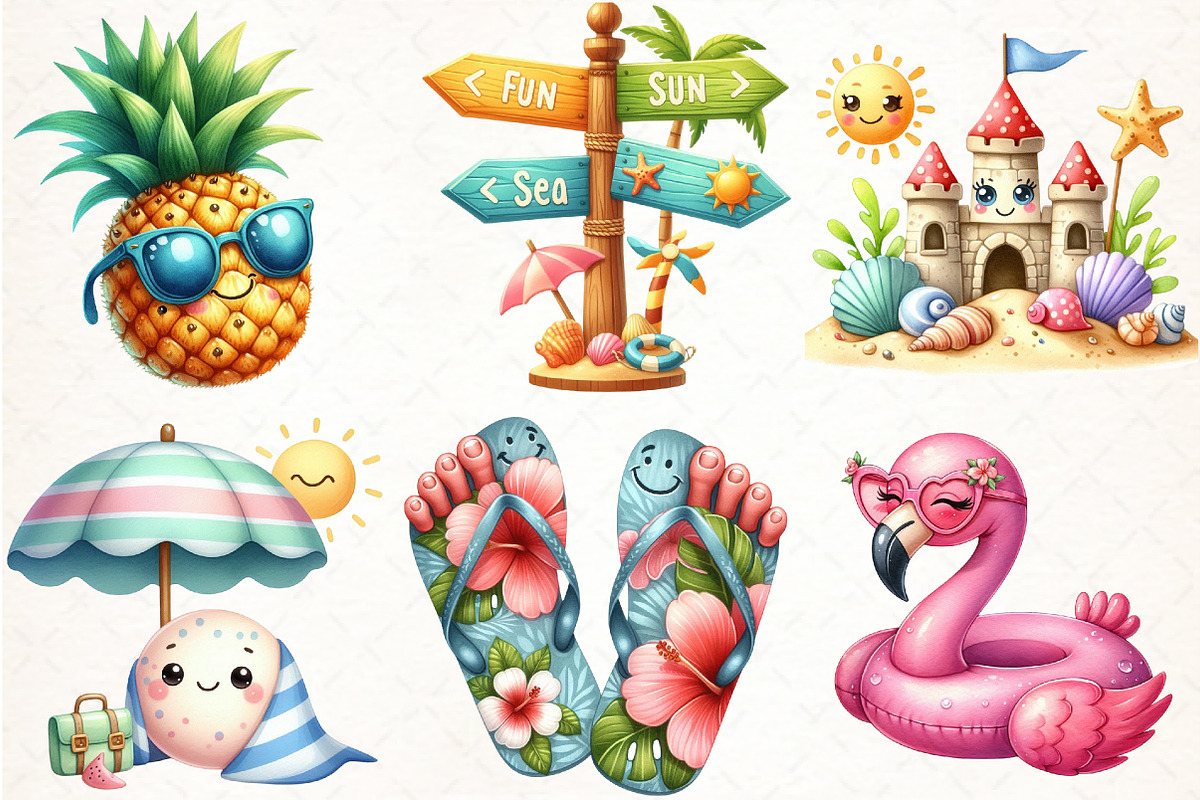 Cute Summer Beach Clipart, an Illustration by Pixels.Craft (Photo 2 of 7)