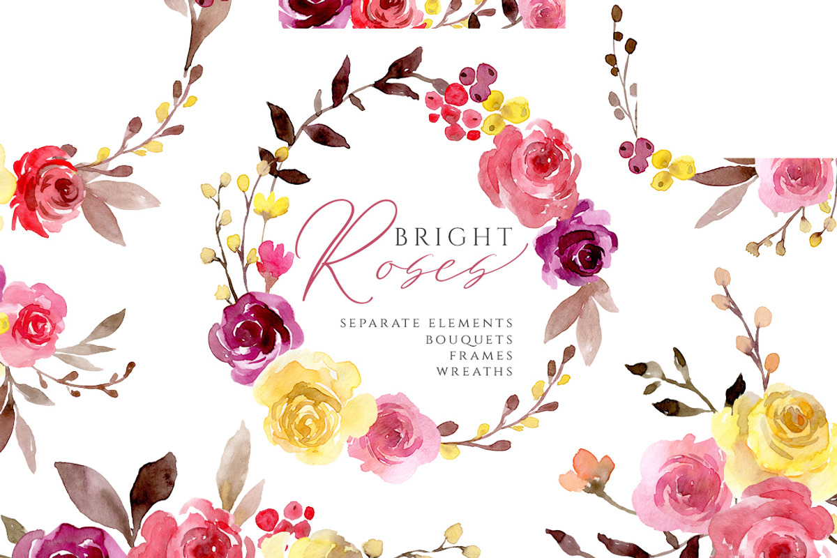 Bright Watercolor Flowers Roses PNG, an Illustration by GraphicsDish