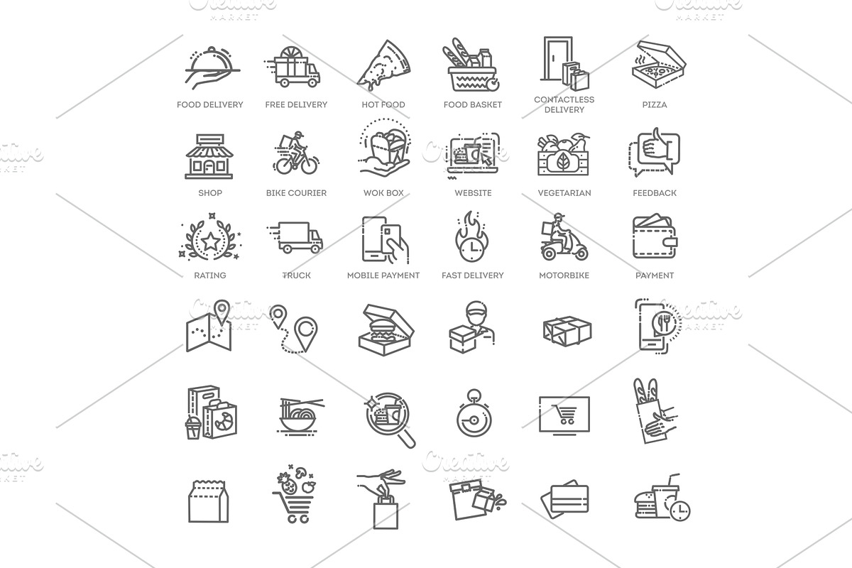 Food delivery - thin line web icon, a Food Illustration by Tettygreen