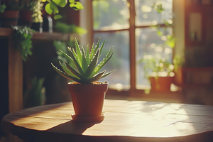 Sunlit aloe plant on a wooden table, a Photo by Pavel_design