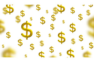 Gold dollar signs rain over a white, a Finance Illustration by Woters little shop