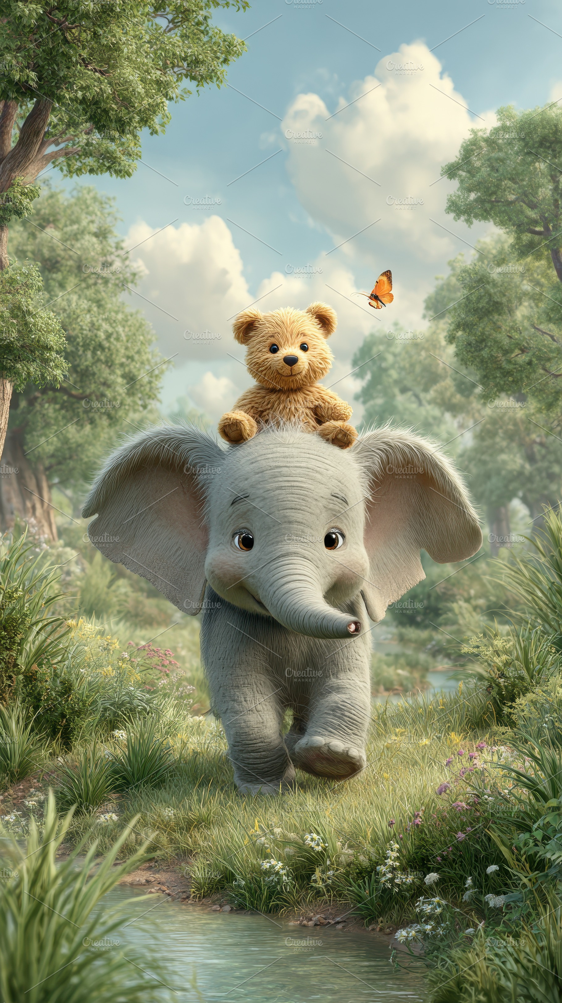 Adorable baby elephant carries teddy, a Photo by Pixeness Studio