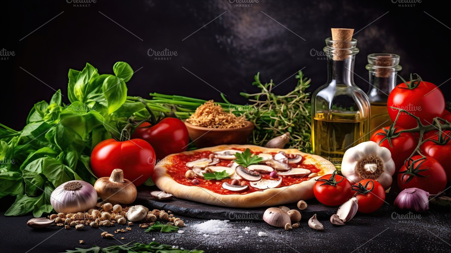 Illustration of tasty homemade pizza with fresh ingredients, a Food & Drink Photo by AlyaAnd