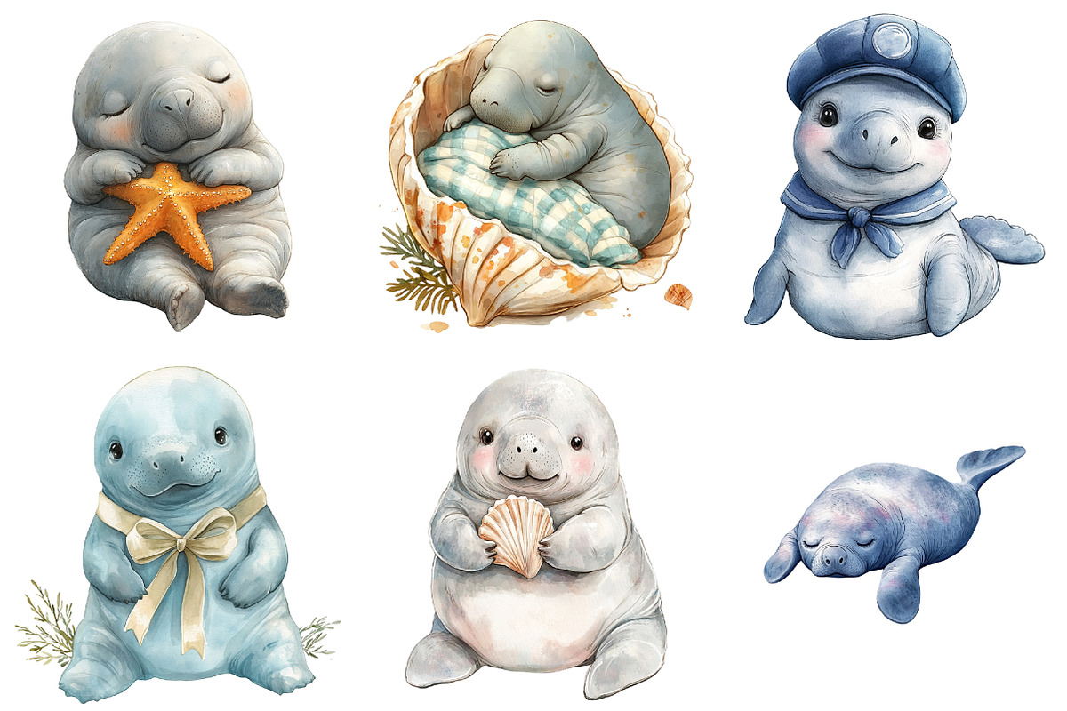 Cute Baby Watercolor Manatees png, an Illustration by Watercolor design (Photo 4 of 5)
