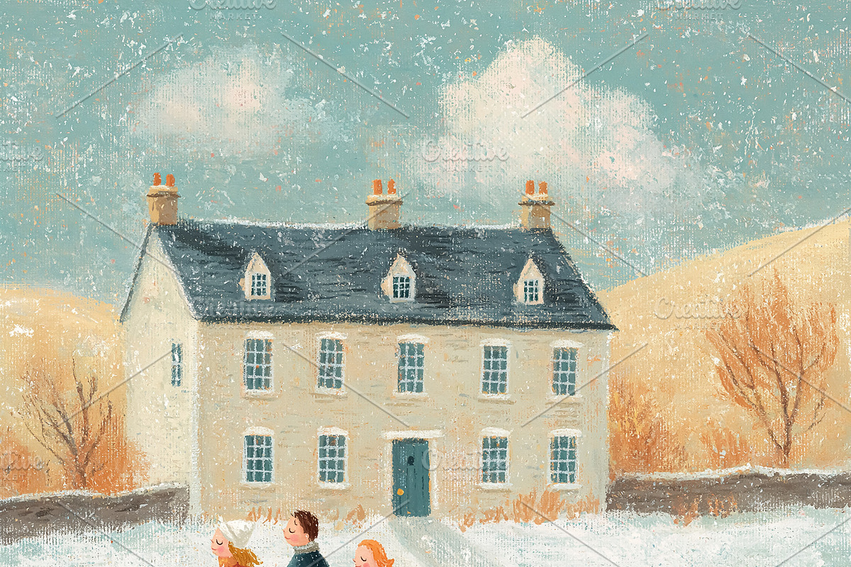 Family walking hand in hand towards a rural snow covered house,, a Decorative Illustration by Studio ANNA