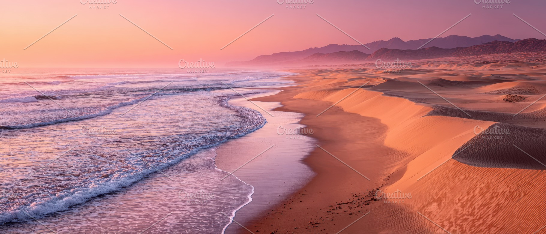 Serene beach at sunset with gentle waves and sand dunes, a Nature Photo by AlyaAnd