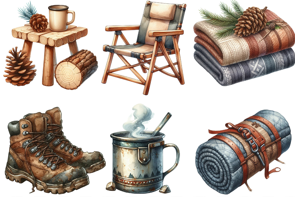 Watercolor Camping Hiking Clip Art, an Illustration by Designking (Photo 2 of 4)