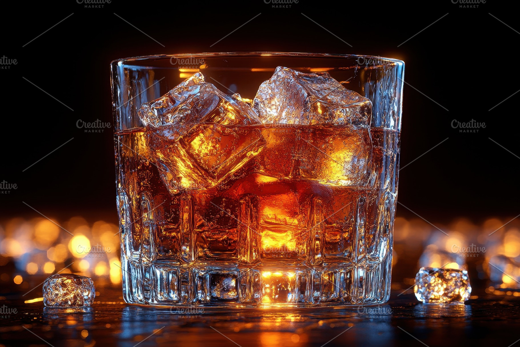 Whiskey glass filled with ice showca, a Photo by Tanuart