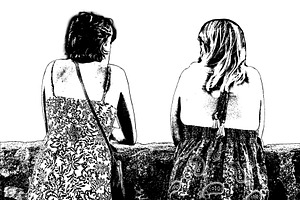 Isolated graphic of two woman looking through stone wall, a Person Illustration by DanFLCreativo