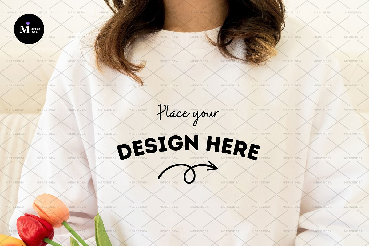 Gildan 18000 White Sweatshirt Mockup, a Shirt Mockup by MergeIdea