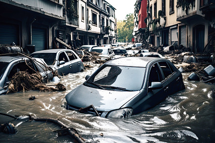 Flooding in an european country, destroyed furniture and cars floating in the w
