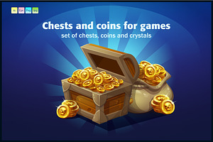 Set of wooden chests, coins, crystal