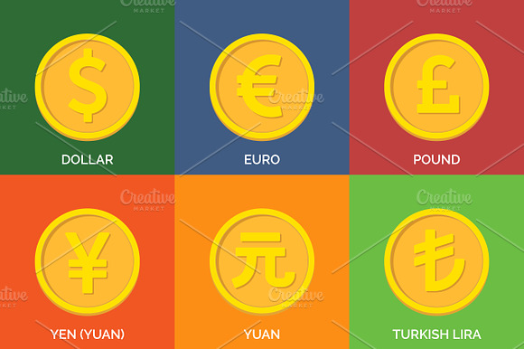 Currency Icons. Flat Golden Coins