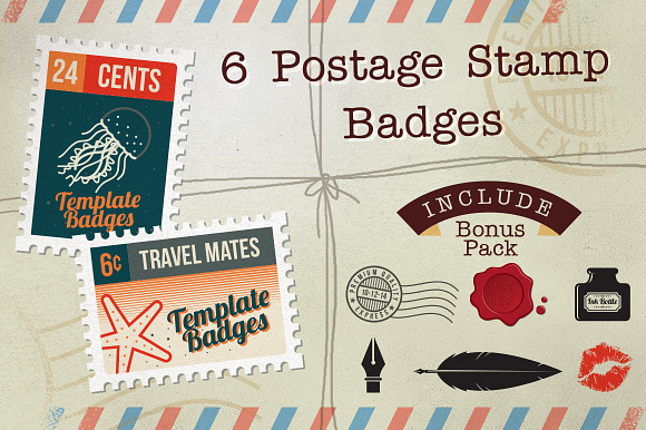6 Postage Stamp Badges Bonus