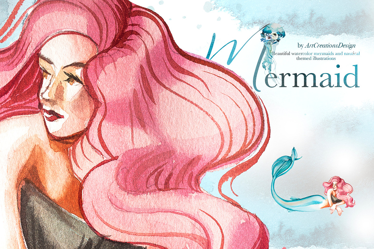 Hand-Painted Mermaid Clipart Set, a Person Illustration by ArtCreationsDesign (Photo 6 of 24)