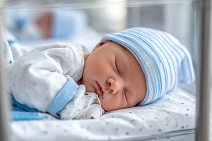 Sleeping newborn baby boy in a hat, a Health & Medical Photo by MistyDay