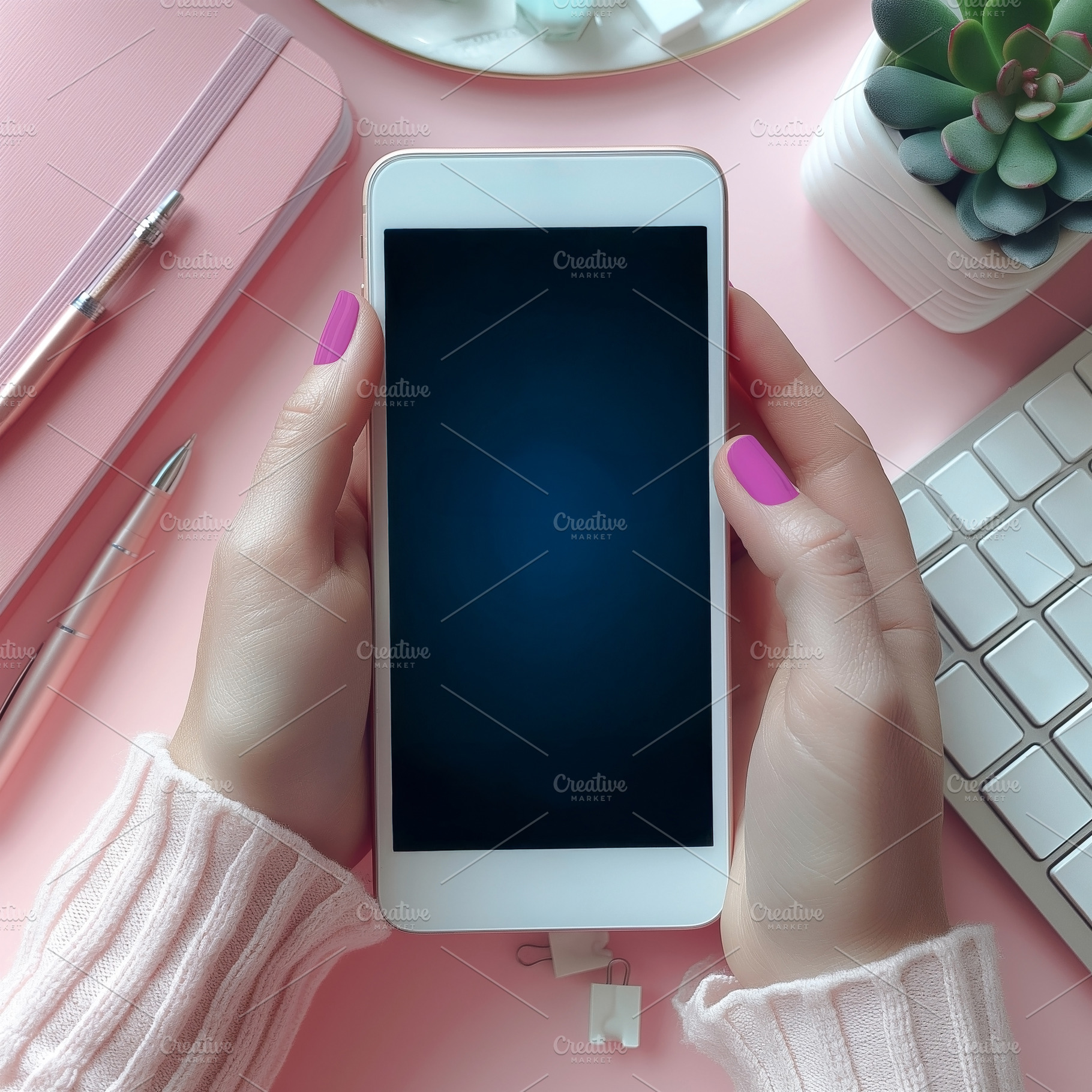 A young woman's hands hold a smartphone against a pink desk, showcasing a cozy, a Photo by ImageMir