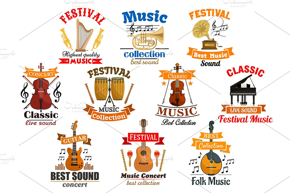 Melody notes with musical instruments icons, an Illustration by Vector Tradition