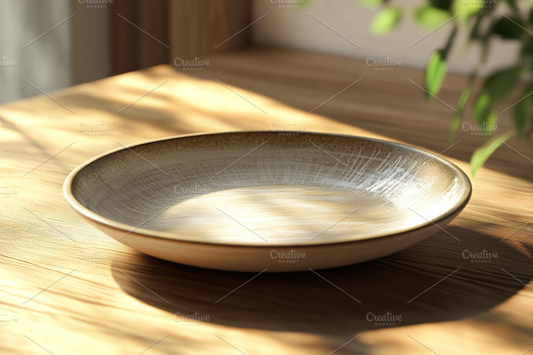 Ceramic plate resting on a wooden table with natural light and shadows, a Food & Drink Photo by AlyaAnd