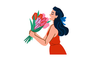 Woman smelling colorful tulips, an Illustration by pikepicture