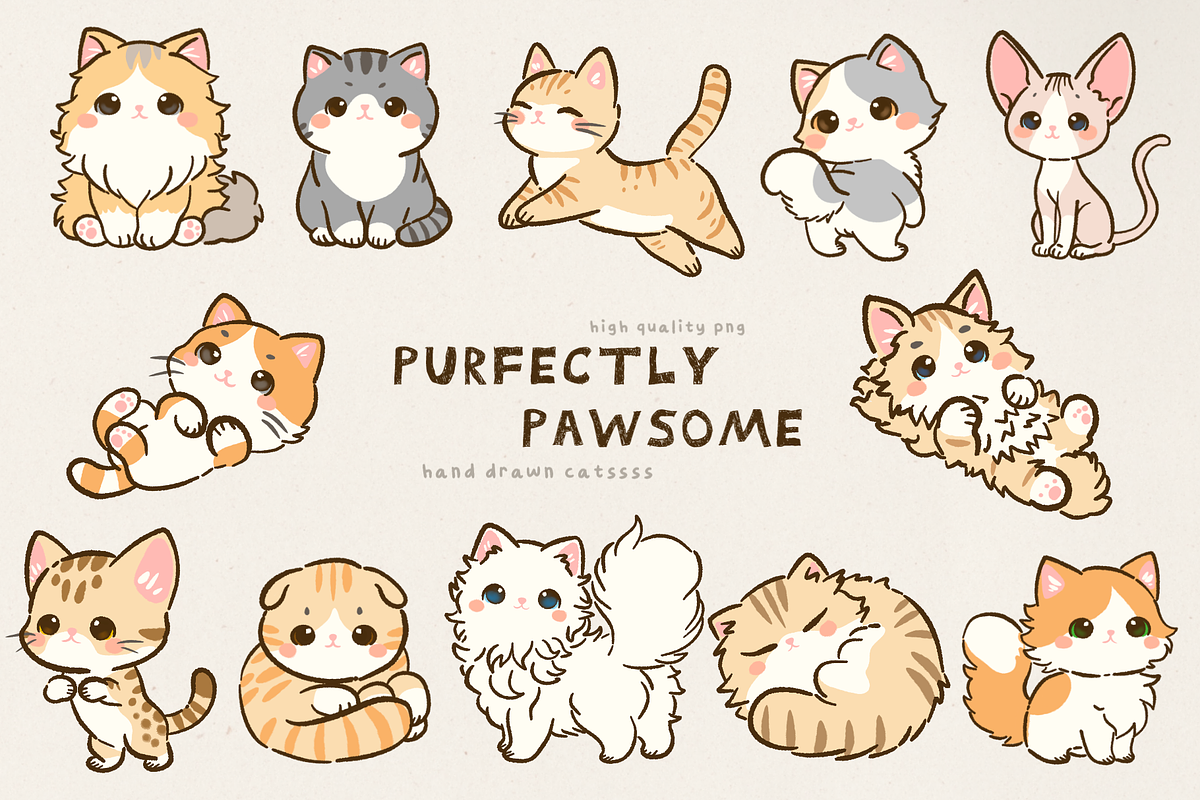 Kawaii Cats Clipart Cute Cat Element, an Animal Illustration by Blumensdiary (Photo 1 of 7)