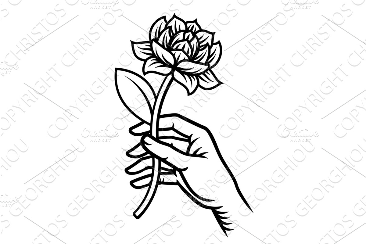 Hand Holding Flower Vintage Woodcut, an Object Illustration by Christos Georghiou