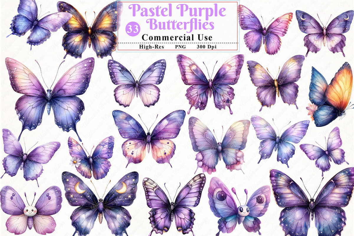 Pastel Purple Butterflies PNG, an Illustration by Watercolor design (Photo 1 of 12)