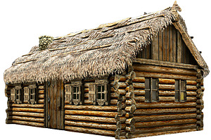 Wooden Thatch House T-Shaped