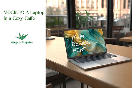 MOCKUP: Laptop in a cozy cafe