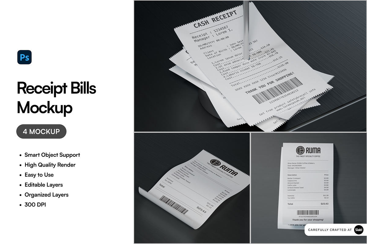 Receipt Bills Mockup, an Advertising Mockup by SLAB! Design (Photo 1 of 6)
