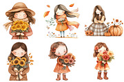 Girls with Fall Flowers Clipart, an Illustration by Watercolor design (Thumbnail 5 of 5)