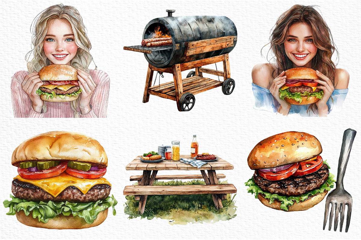 Watercolor BBQ Barbecue Clipart, an Illustration by Craft Nest (Photo 3 of 11)