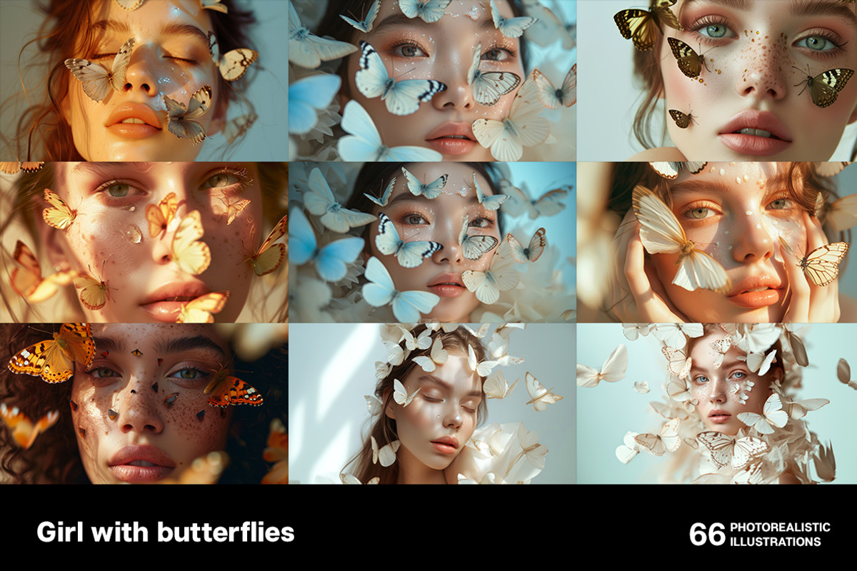 Girl with butterflies. 66 images, a Person Illustration by Handmadefont (Photo 12 of 14)