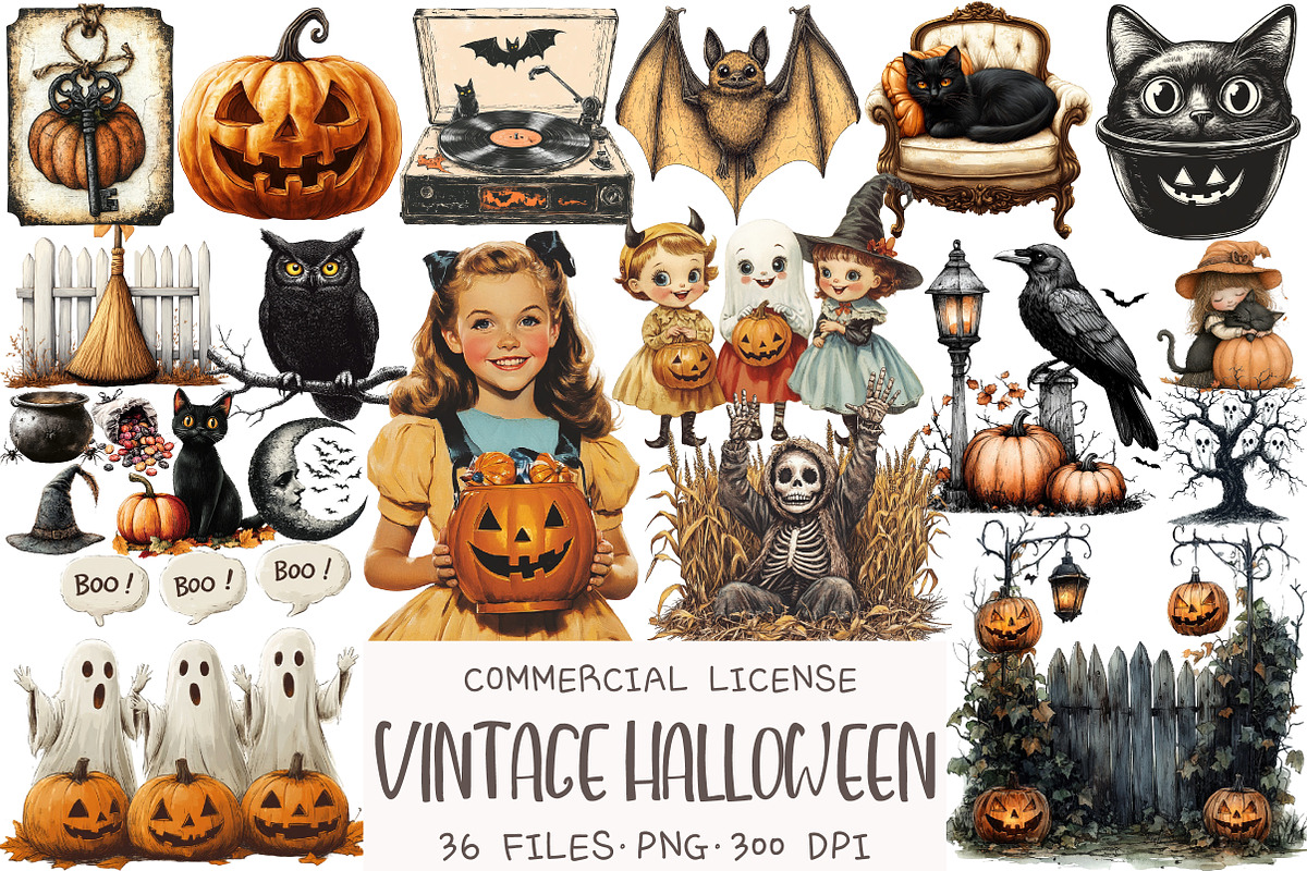 Watercolor Vintage Halloween Clipart, an Illustration by OK Design (Photo 1 of 5)