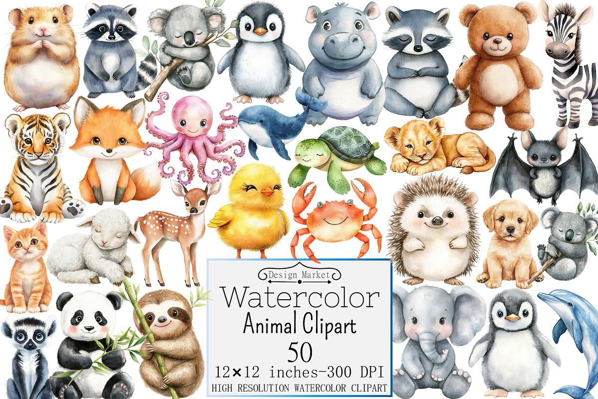 Watercolor Animal Clipart, a Seasonal Illustration by Design Market (Photo 1 of 5)